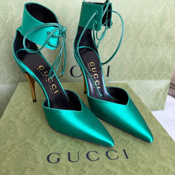 GUCCI 752966 Priscilla Emerald Green Satin Strap Gold Stiletto Heel 36+, US 6.5 - Picture 15 of 16